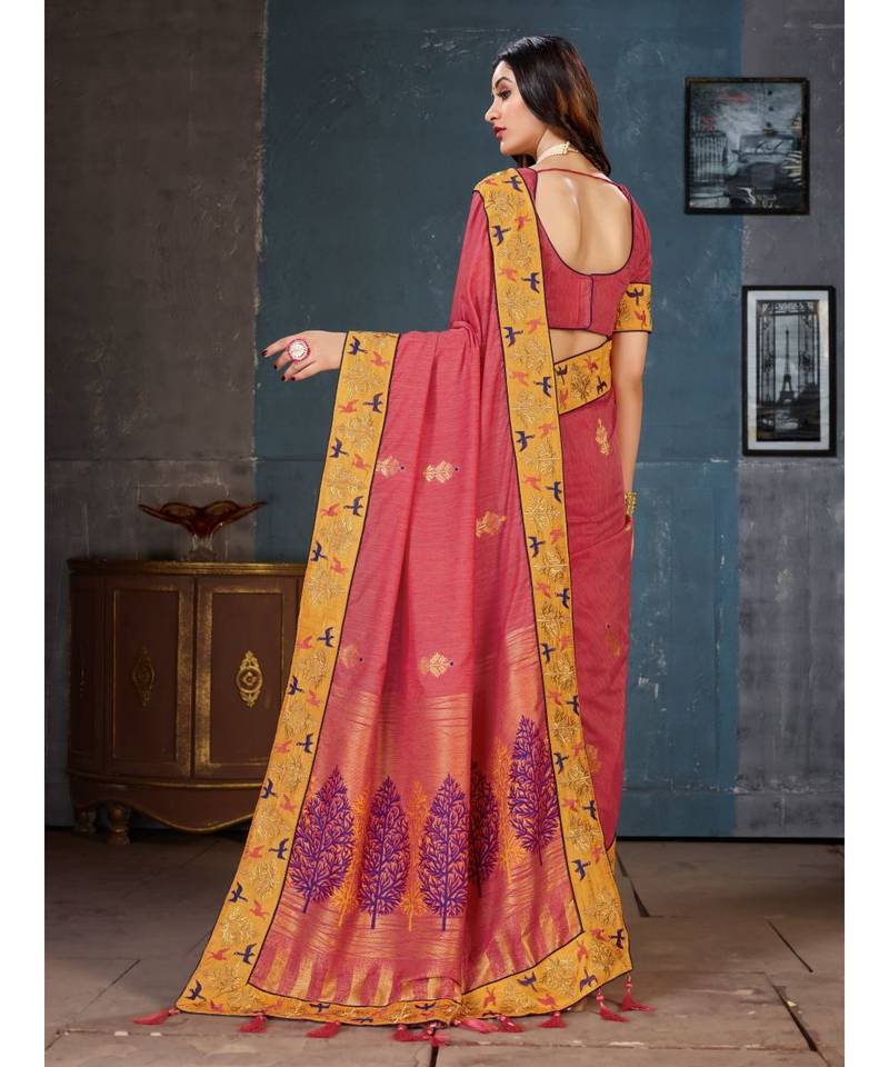 Pink Embroidered Art Silk saree with blouse