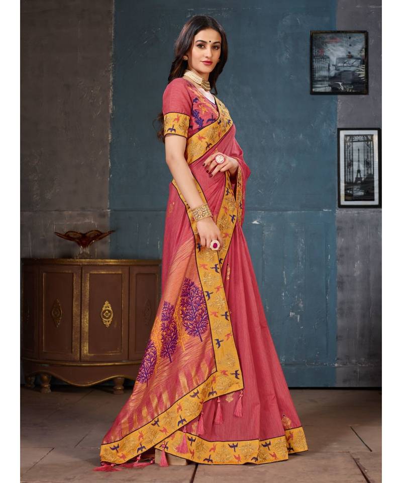 Pink Embroidered Art Silk saree with blouse