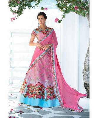 pink floral print art silk unstitched lehenga 1