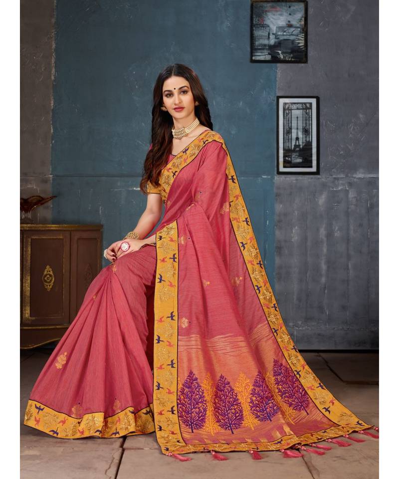Pink Embroidered Art Silk saree with blouse