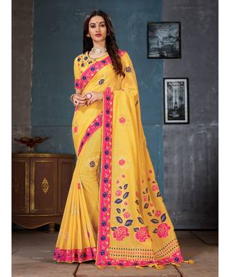 Yellow Embroidered Art Silk saree with blouse 1