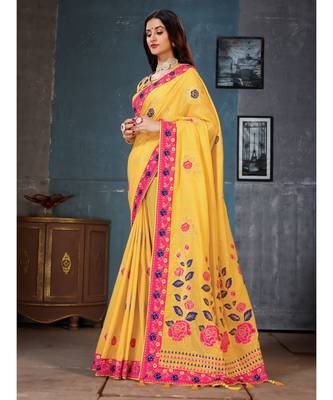 Yellow Embroidered Art Silk saree with blouse 2
