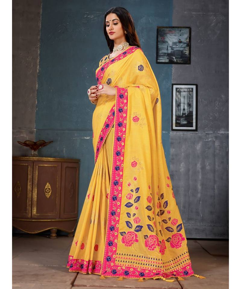 Yellow Embroidered Art Silk saree with blouse