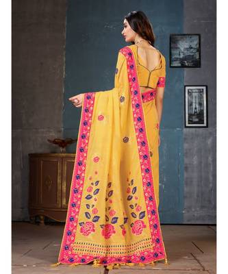Yellow Embroidered Art Silk saree with blouse 3