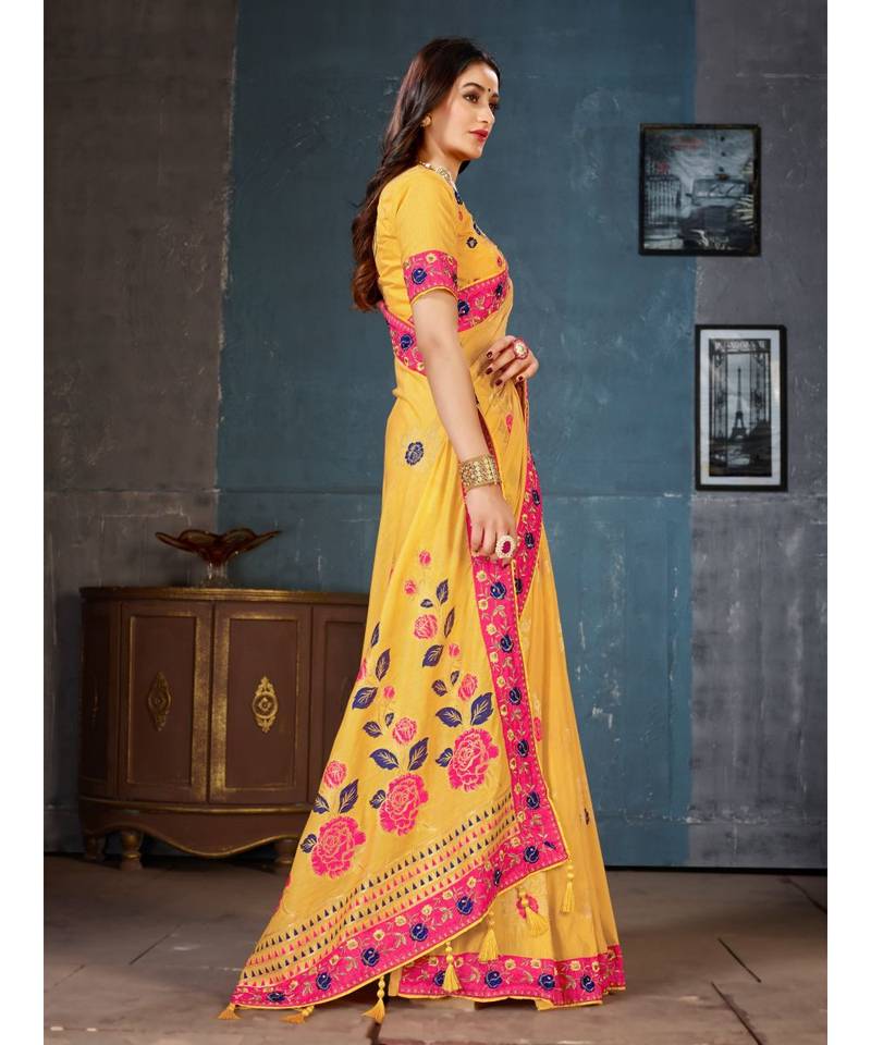 Yellow Embroidered Art Silk saree with blouse
