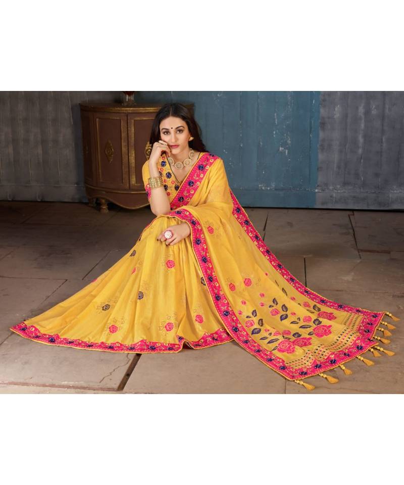 Yellow Embroidered Art Silk saree with blouse