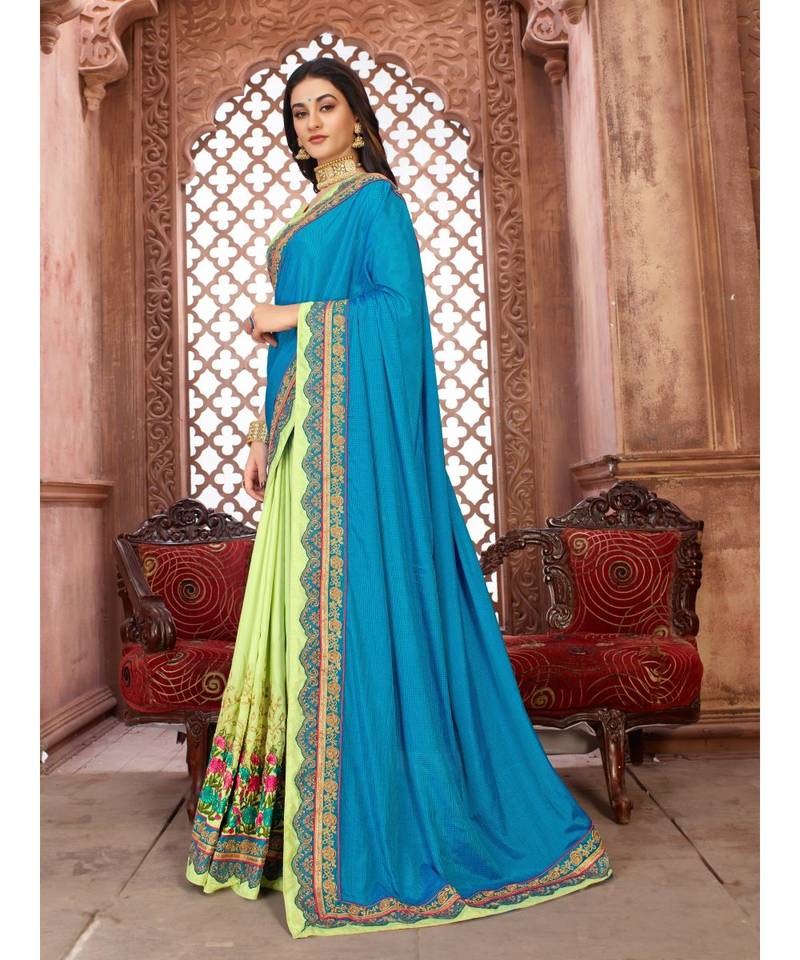 Blue Embroidered Art Silk saree with blouse