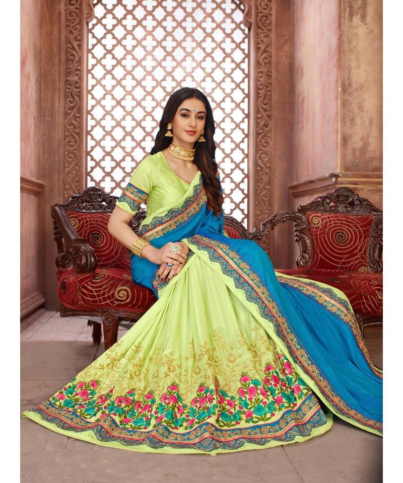 Blue Embroidered Art Silk saree with blouse