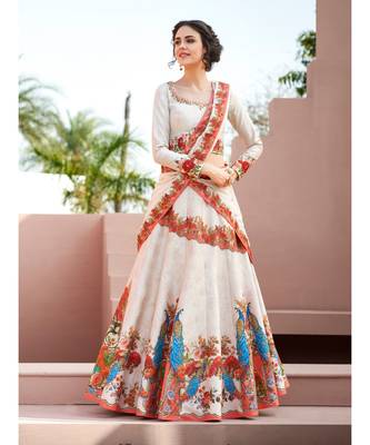 Cream floral print Satin unstitched lehenga 1