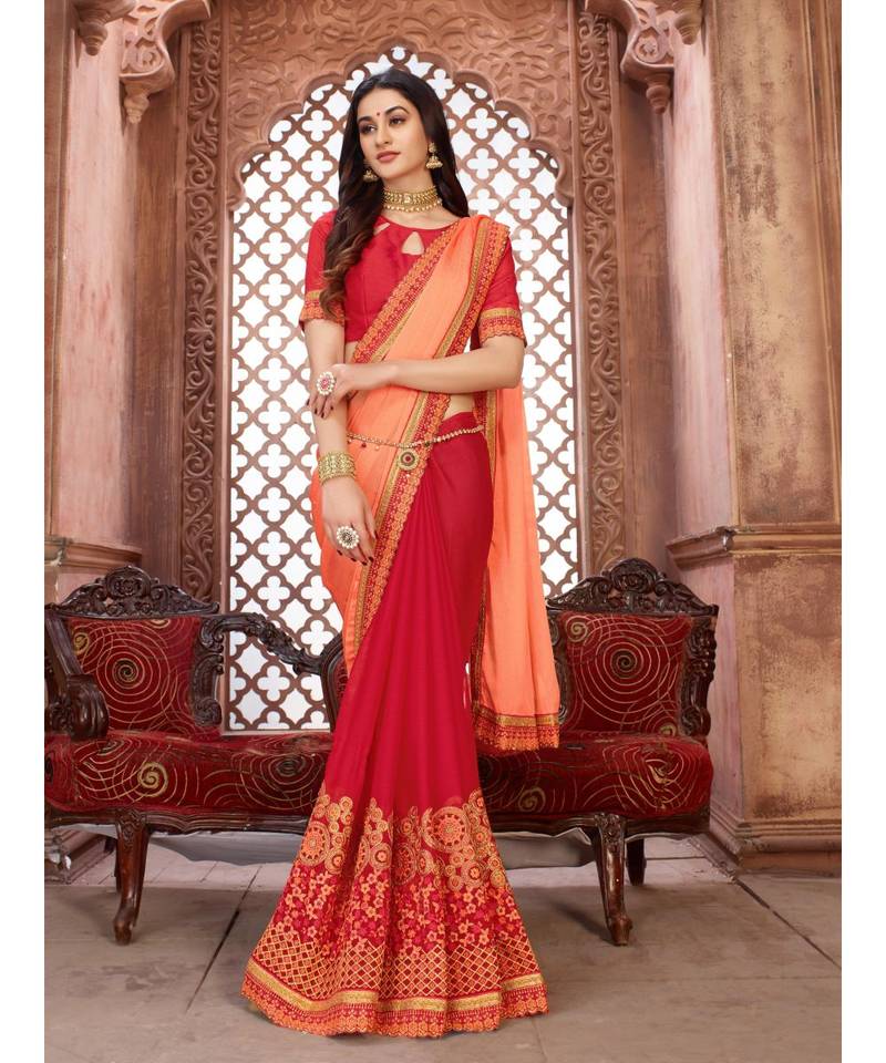 Pink Embroidered Art Silk saree with blouse