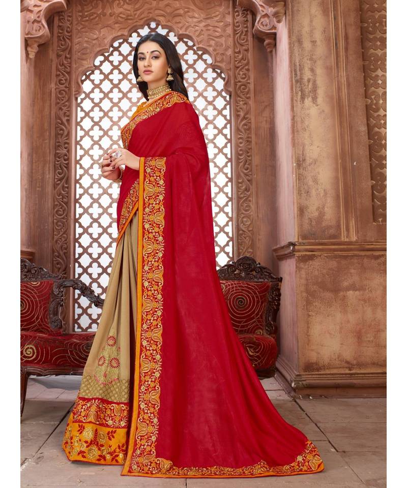 Red Embroidered Art Silk saree with blouse