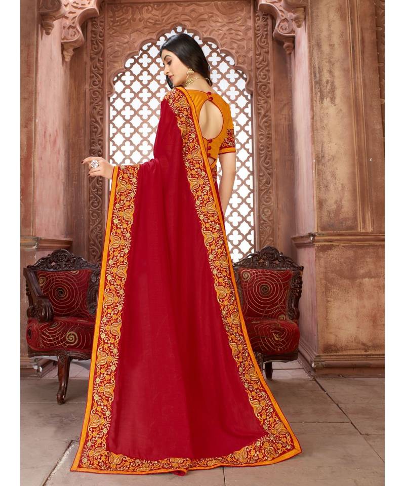 Red Embroidered Art Silk saree with blouse