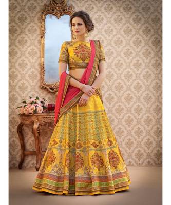 yellow floral print art silk unstitched lehenga 1