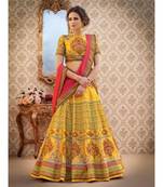 yellow floral print art silk unstitched lehenga