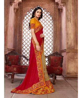 Red Embroidered Art Silk saree with blouse 4