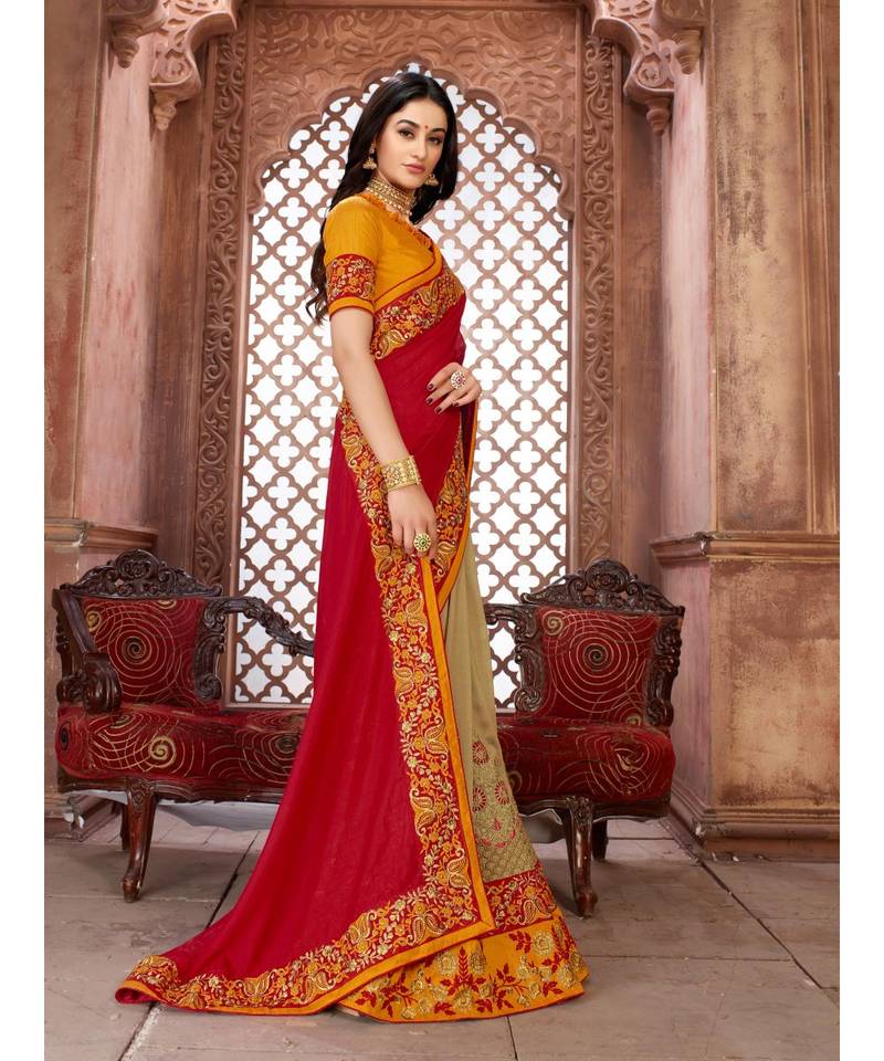 Red Embroidered Art Silk saree with blouse