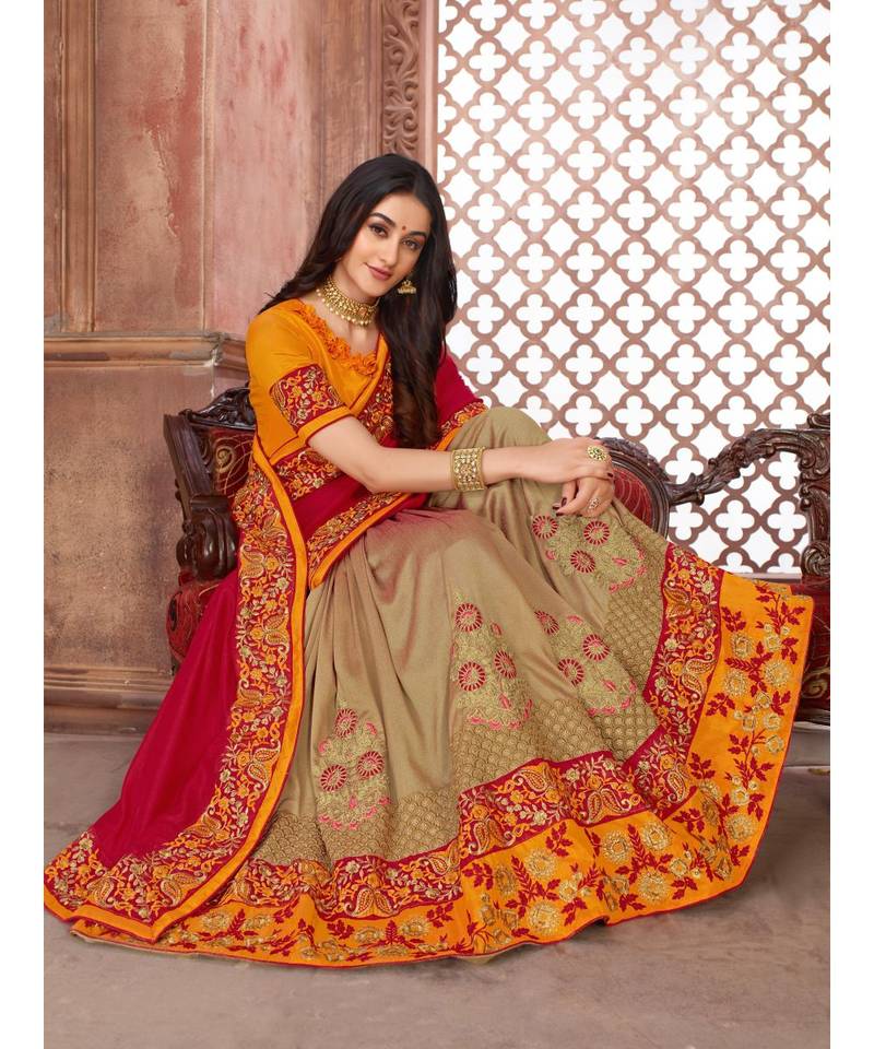 Red Embroidered Art Silk saree with blouse