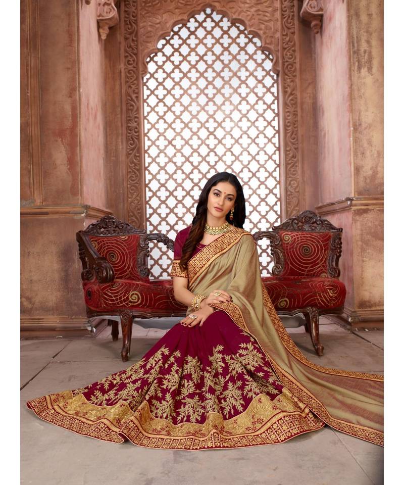 Beige Embroidered Art Silk saree with blouse