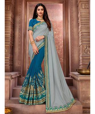 Grey Embroidered Art Silk saree with blouse 1
