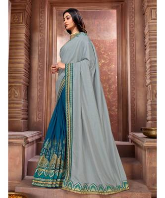 Grey Embroidered Art Silk saree with blouse 2