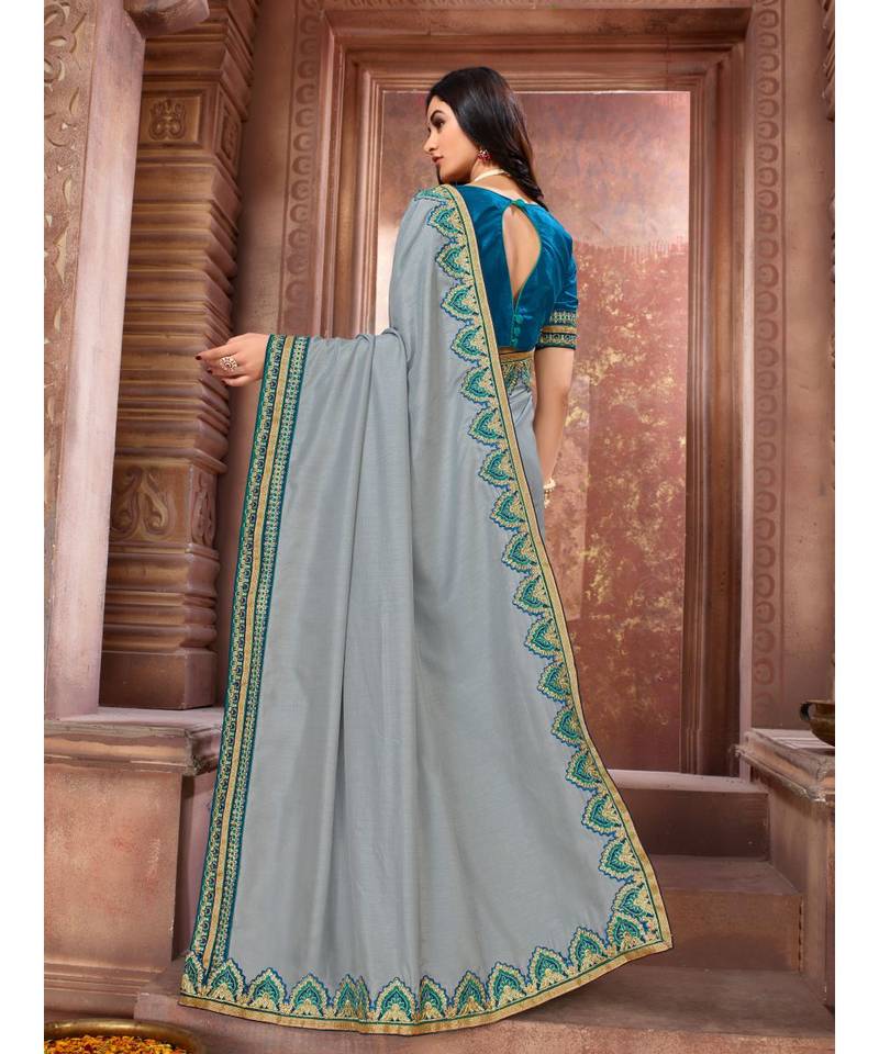 Grey Embroidered Art Silk saree with blouse