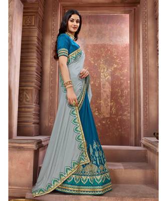 Grey Embroidered Art Silk saree with blouse 4