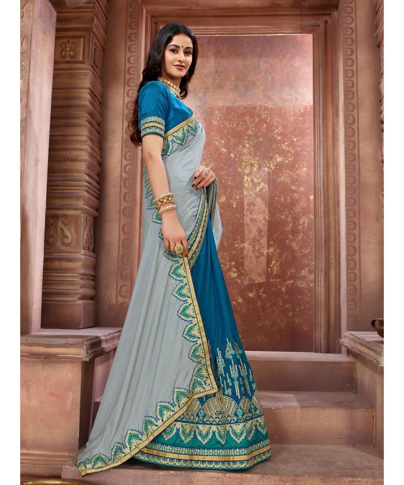 Grey Embroidered Art Silk saree with blouse