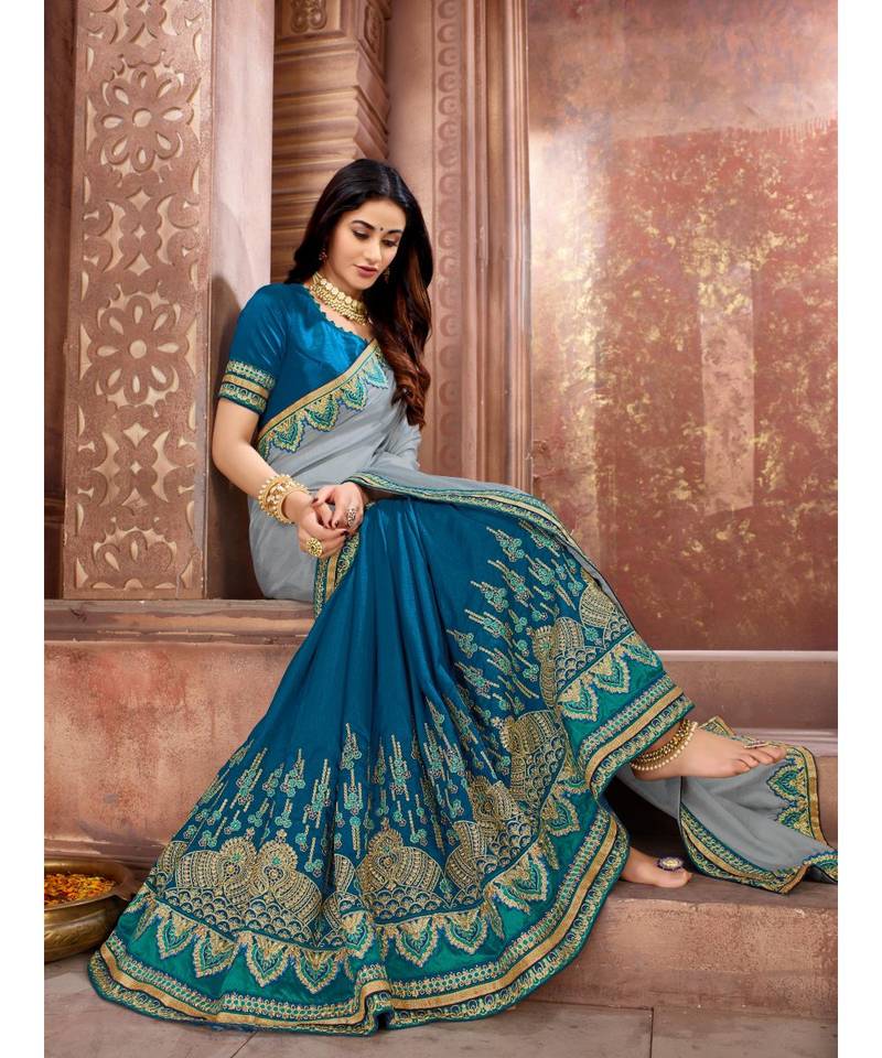 Grey Embroidered Art Silk saree with blouse