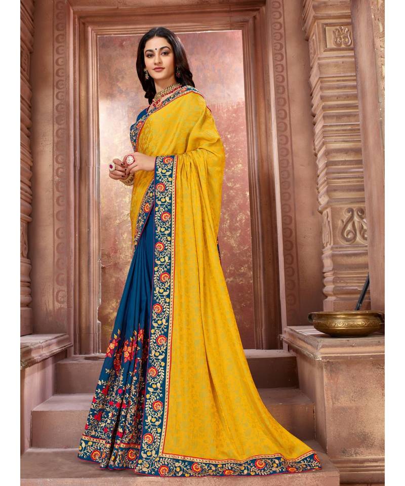 Yellow Embroidered Art Silk saree with blouse