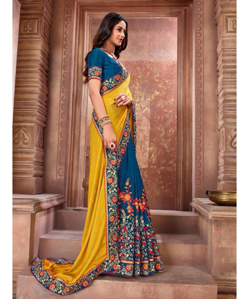 Yellow Embroidered Art Silk saree with blouse