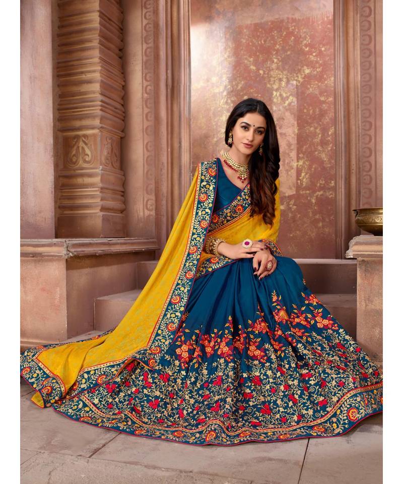 Yellow Embroidered Art Silk saree with blouse