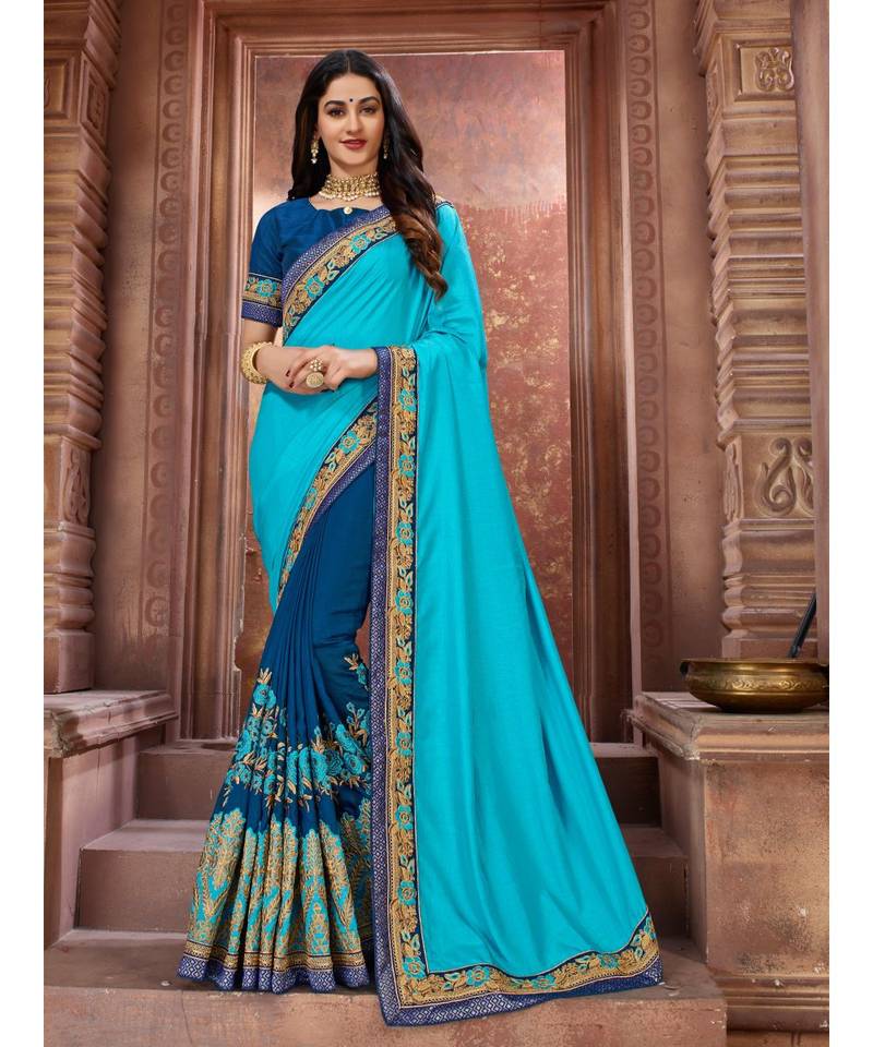 Blue Embroidered Art Silk saree with blouse