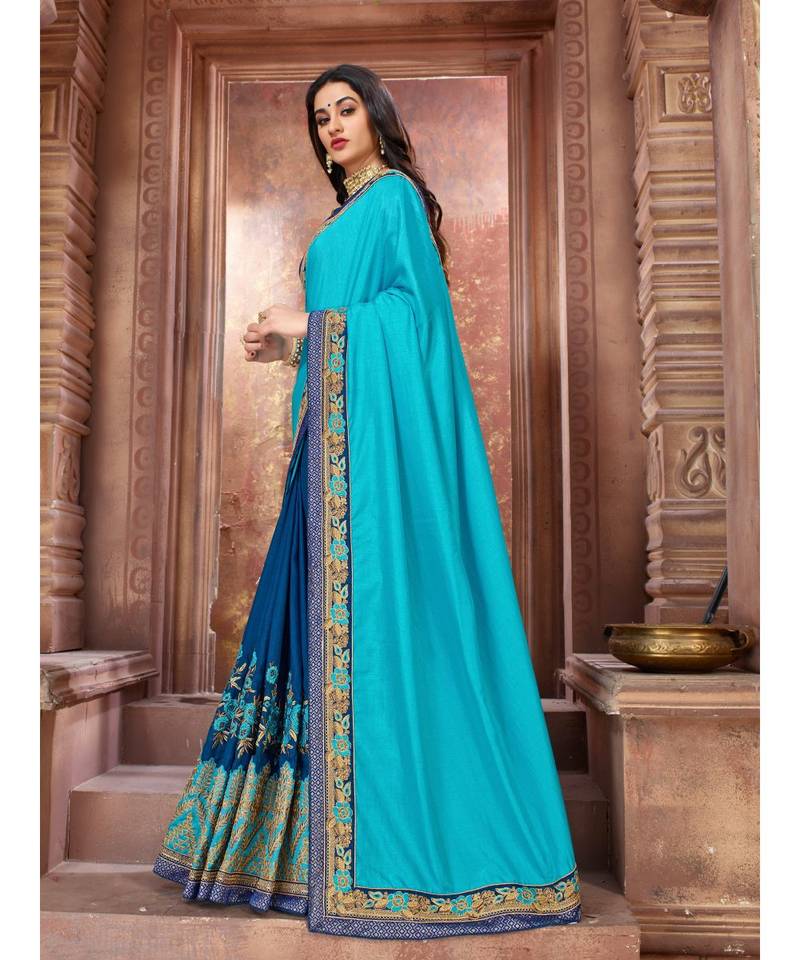 Blue Embroidered Art Silk saree with blouse
