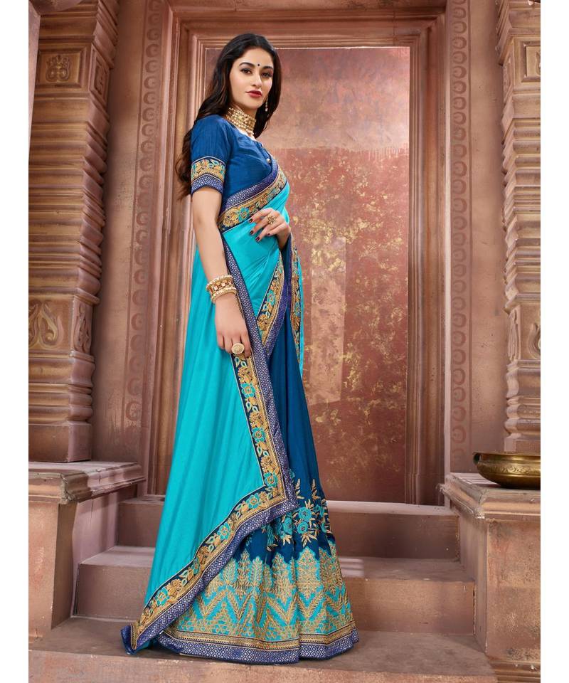 Blue Embroidered Art Silk saree with blouse