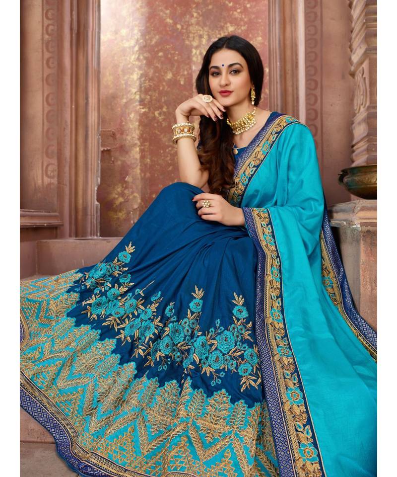 Blue Embroidered Art Silk saree with blouse