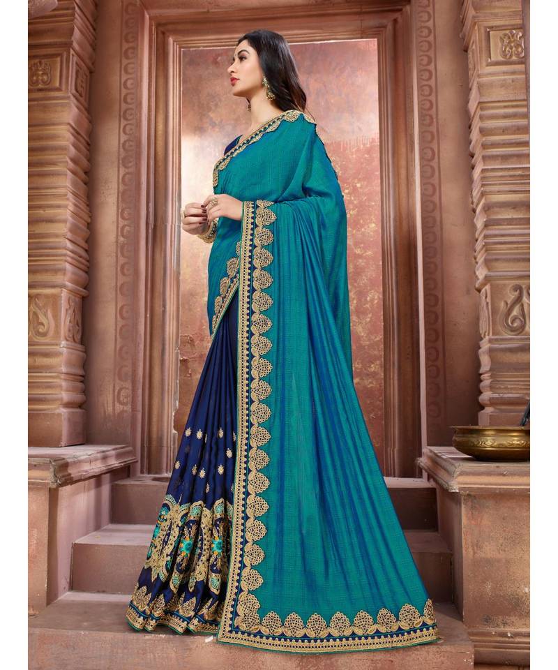 Blue Embroidered Art Silk saree with blouse