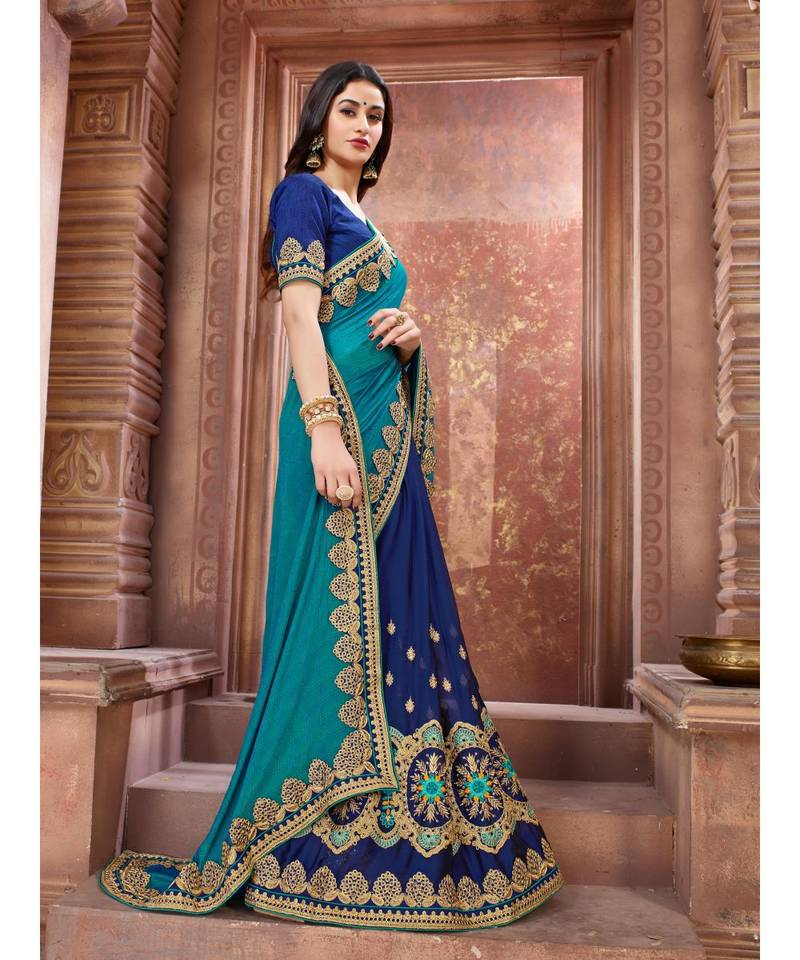 Blue Embroidered Art Silk saree with blouse