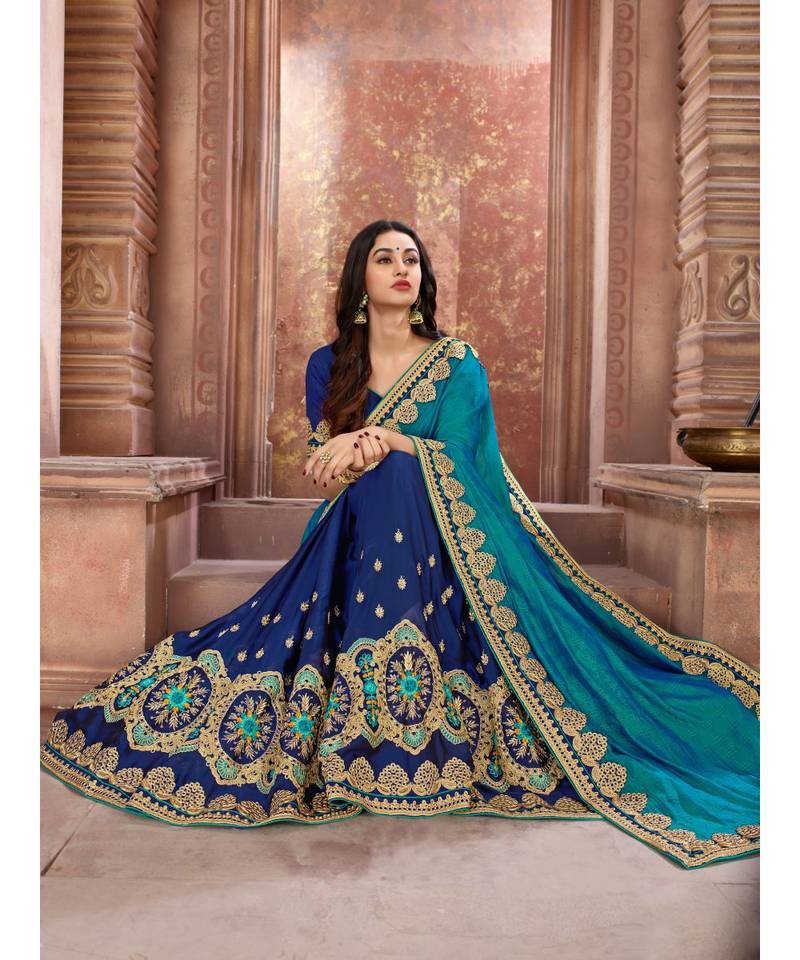 Blue Embroidered Art Silk saree with blouse