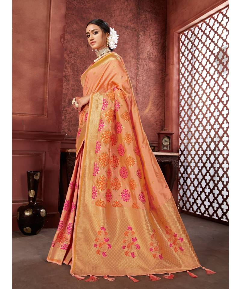 Peach Woven banarasi saree with blouse