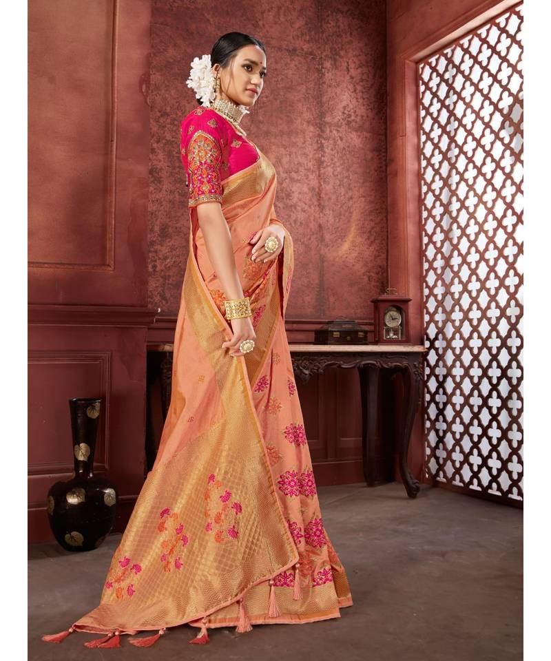 Peach Woven banarasi saree with blouse