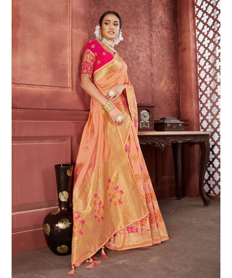 Peach Woven banarasi saree with blouse