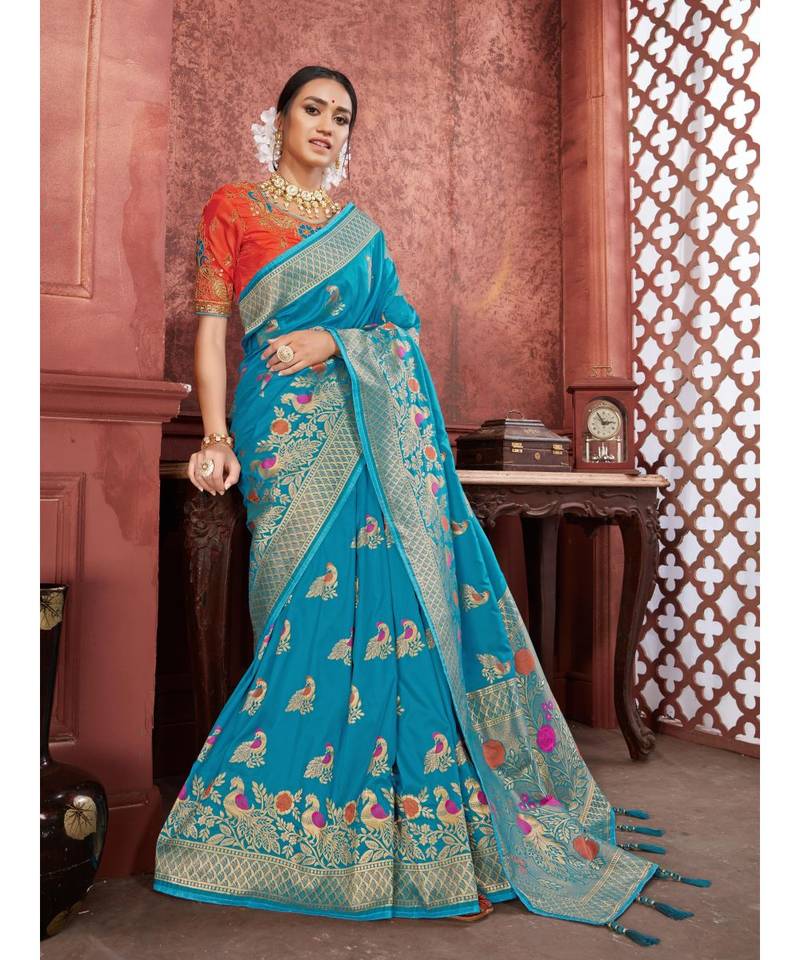 green Woven banarasi saree with blouse