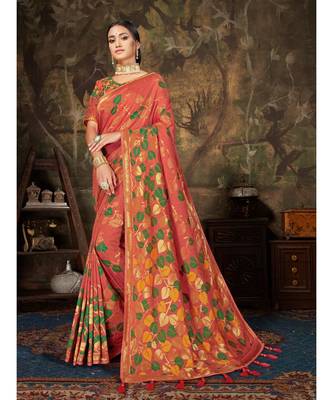 Orange Woven Cotton saree with blouse 1