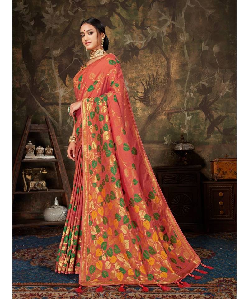 Orange Woven Cotton saree with blouse