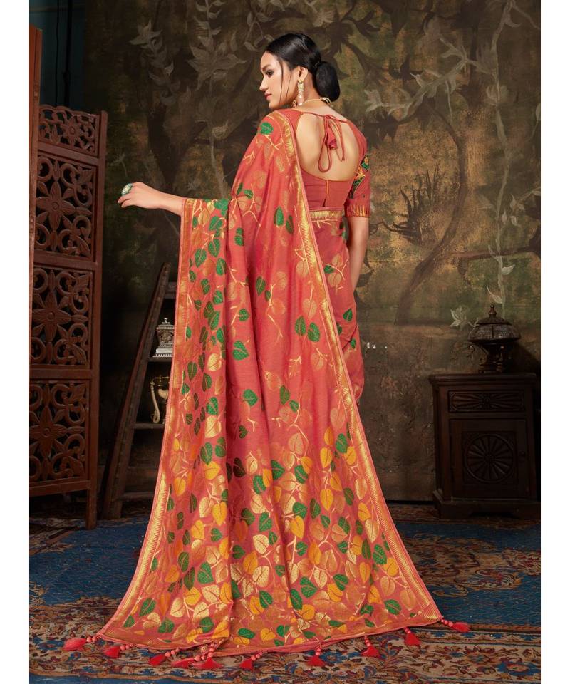 Orange Woven Cotton saree with blouse