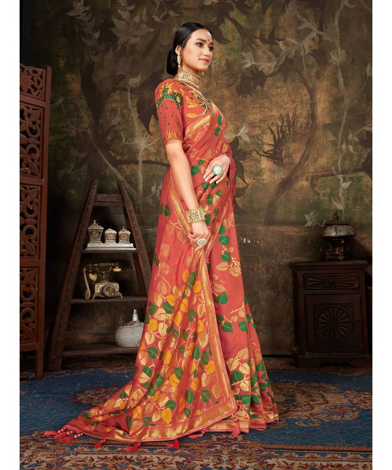 Orange Woven Cotton saree with blouse