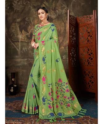Green Woven Cotton saree with blouse 1