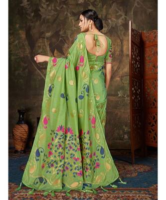 Green Woven Cotton saree with blouse 2