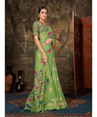 Green Woven Cotton saree with blouse 3
