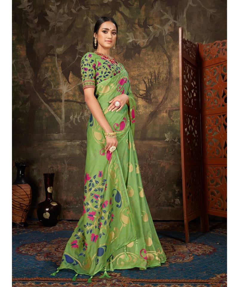 Green Woven Cotton saree with blouse